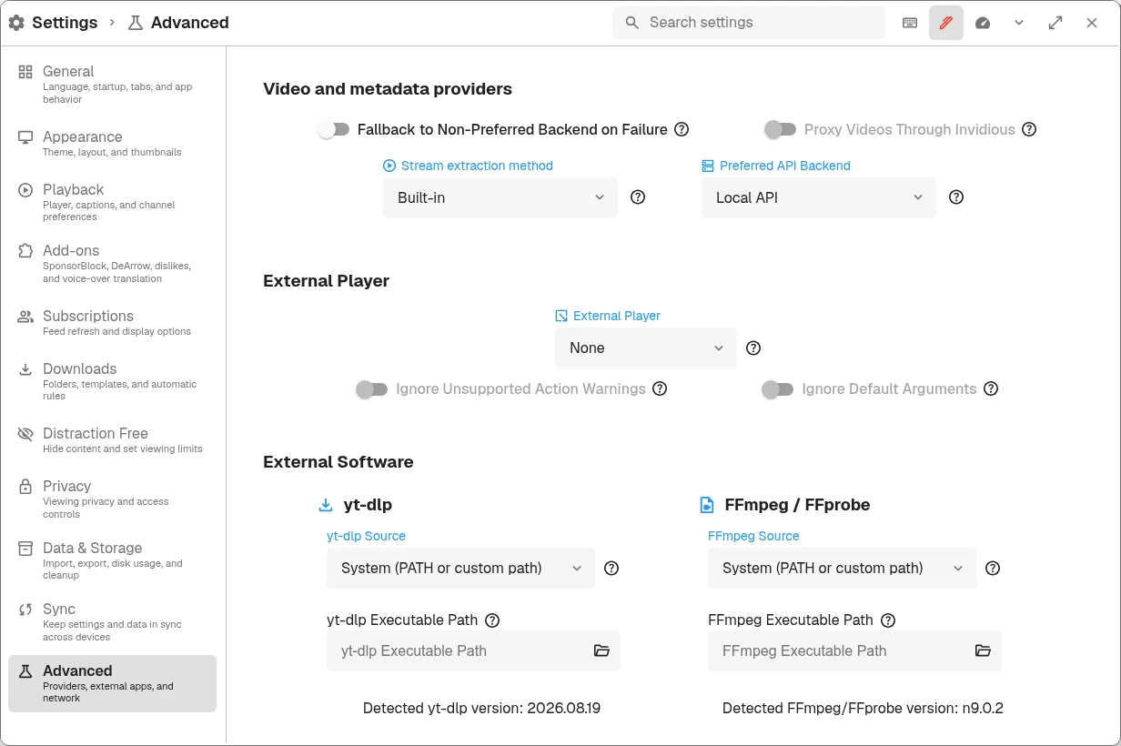 Advanced settings showing Preferred API Backend, fallback, stream extraction, and video proxy controls.