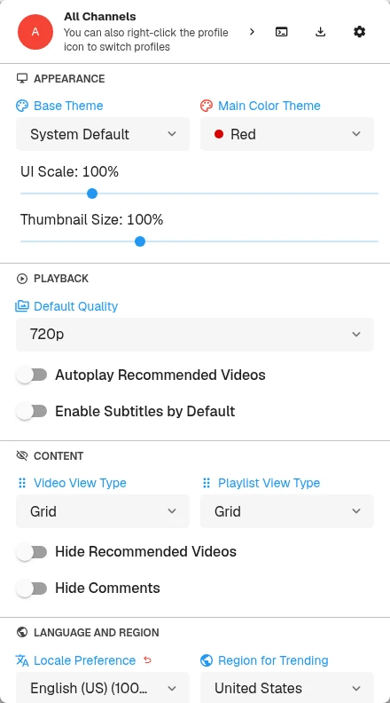 OpenTubeX quick settings menu with the All settings gear in the upper-right corner.
