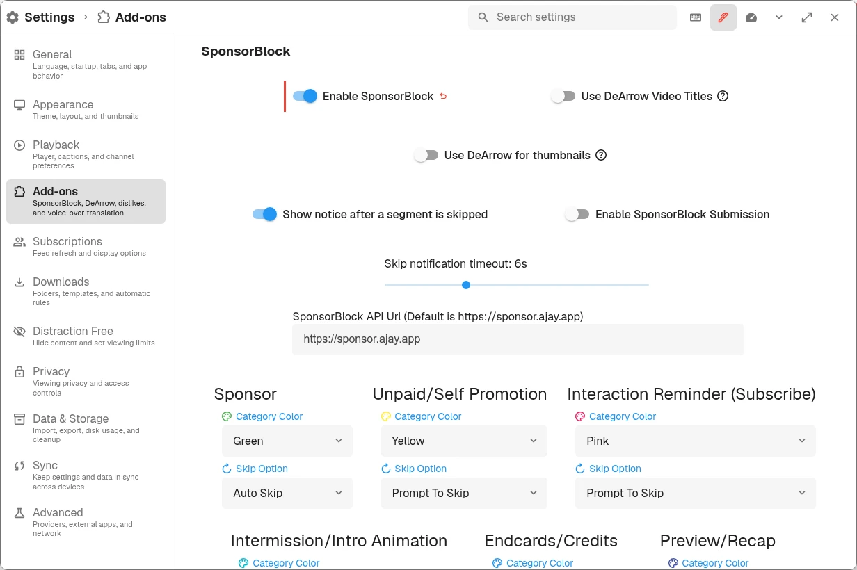 SponsorBlock enabled in Add-ons settings with separate Skip Option menus for Sponsor, Unpaid Self Promotion, and Interaction Reminder.