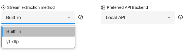 Stream extraction method menu offering Built-in and yt-dlp beside the separate Preferred API Backend control.