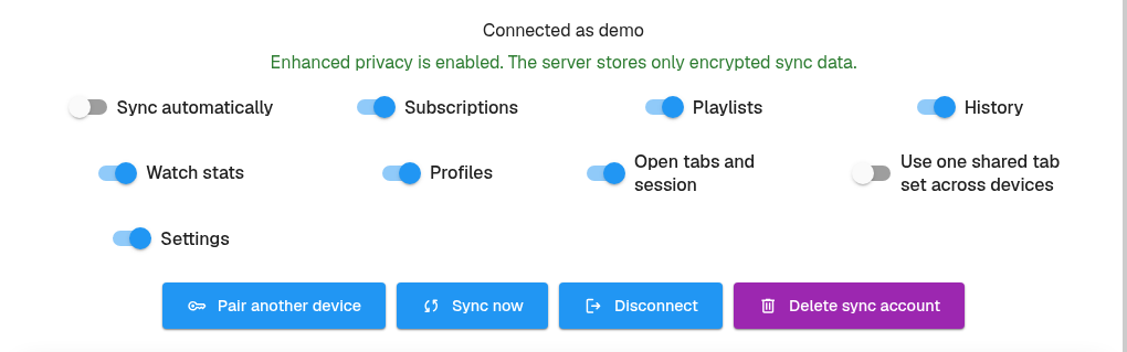 Sync settings for an example account with enhanced privacy enabled and separate library, Watch stats, and shared-tab controls.