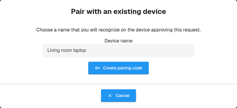 Pair with an existing device dialog with Living room laptop entered as the device name and a Create pairing code button.