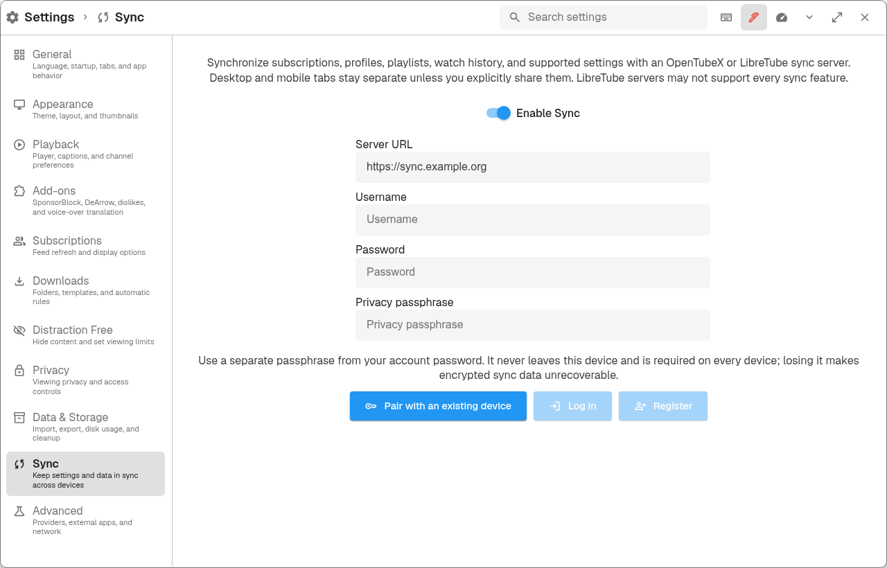 Sync settings with Enable Sync, Server URL, Username, Password, and a separate Privacy passphrase field.