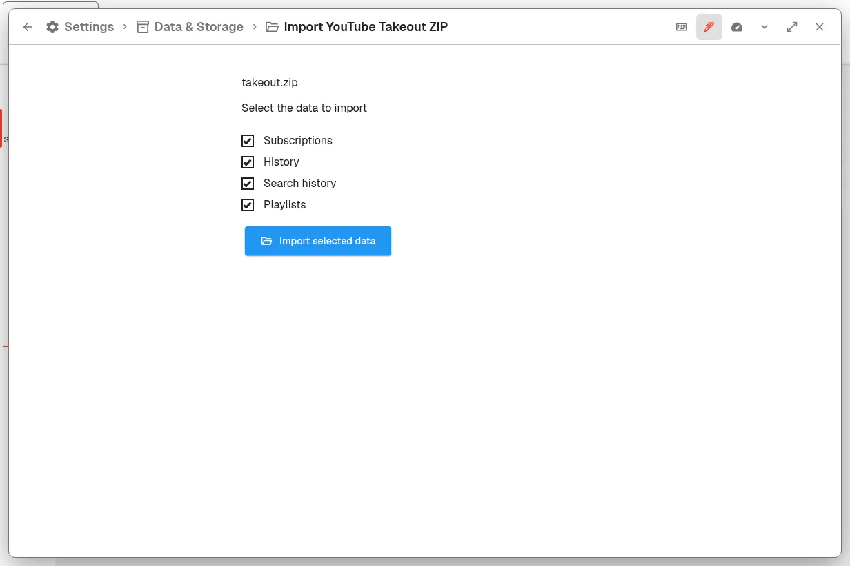 Takeout ZIP import screen with checkboxes for detected subscriptions, watch history, playlists, and search history.