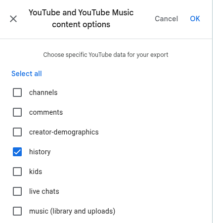 Google Takeout content-options dialog with history selected.