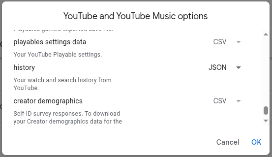Google Takeout format dialog with history set to JSON.