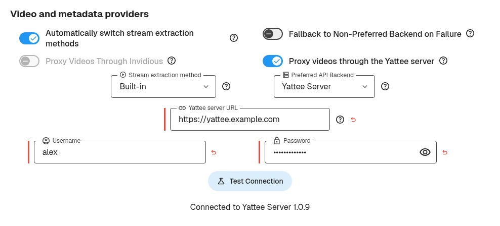 Video and metadata providers settings with Yattee Server selected, the server URL, username and password fields, and a successful connection test.