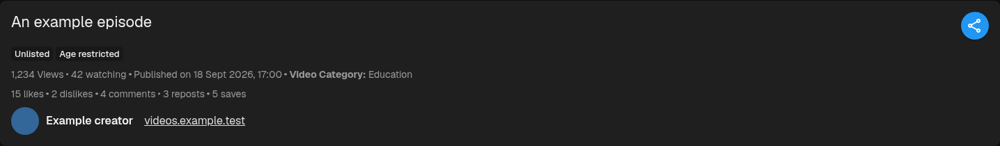 Creator and media details for a video opened from another site