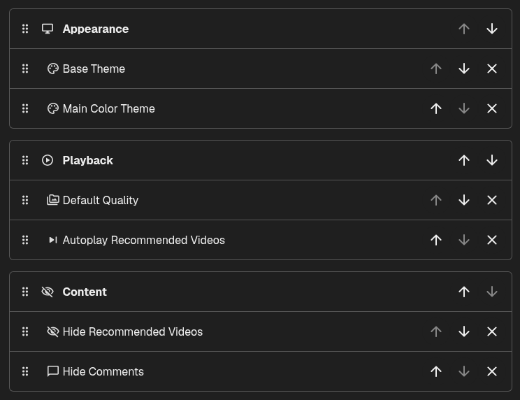 Quick settings grouped by category with category and individual reorder controls