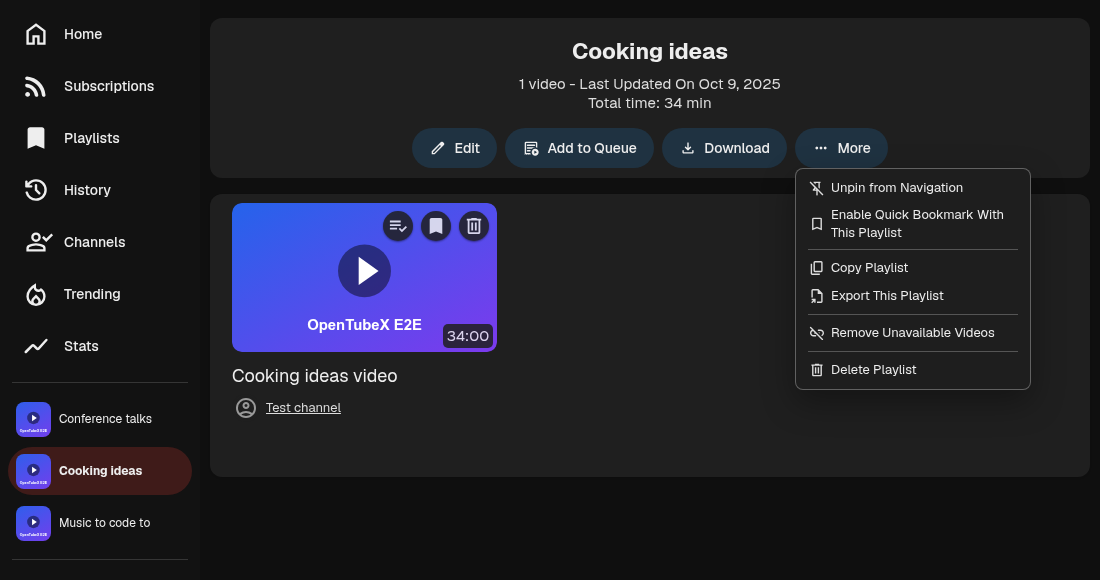 Pinned playlists in the side navigation and the Unpin from Navigation action