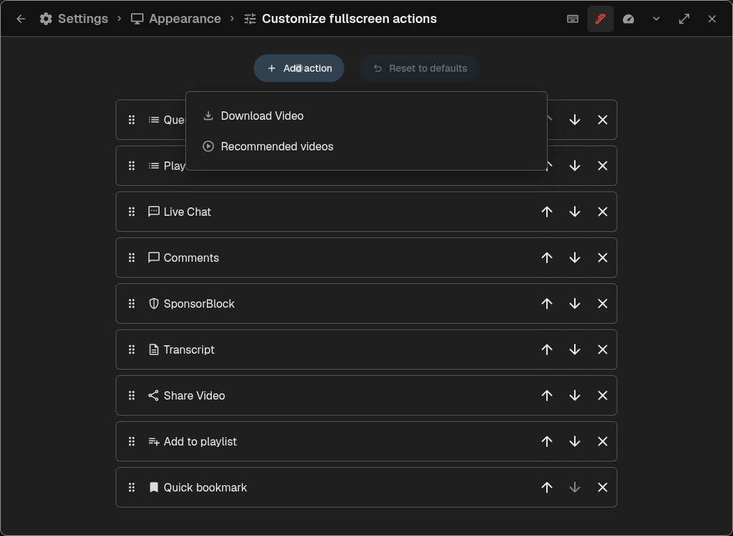 Fullscreen action customizer
