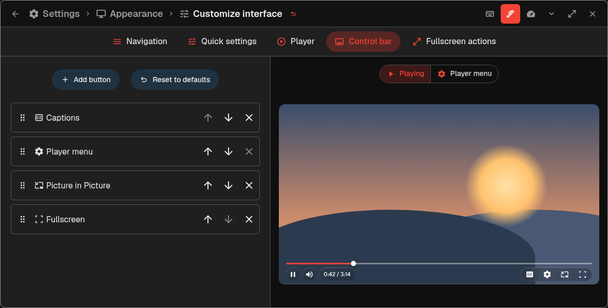 Control bar tab in Customize interface with its live player preview