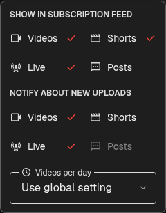 Subscribe button settings with upload notification types for Videos, Shorts, Live and Posts