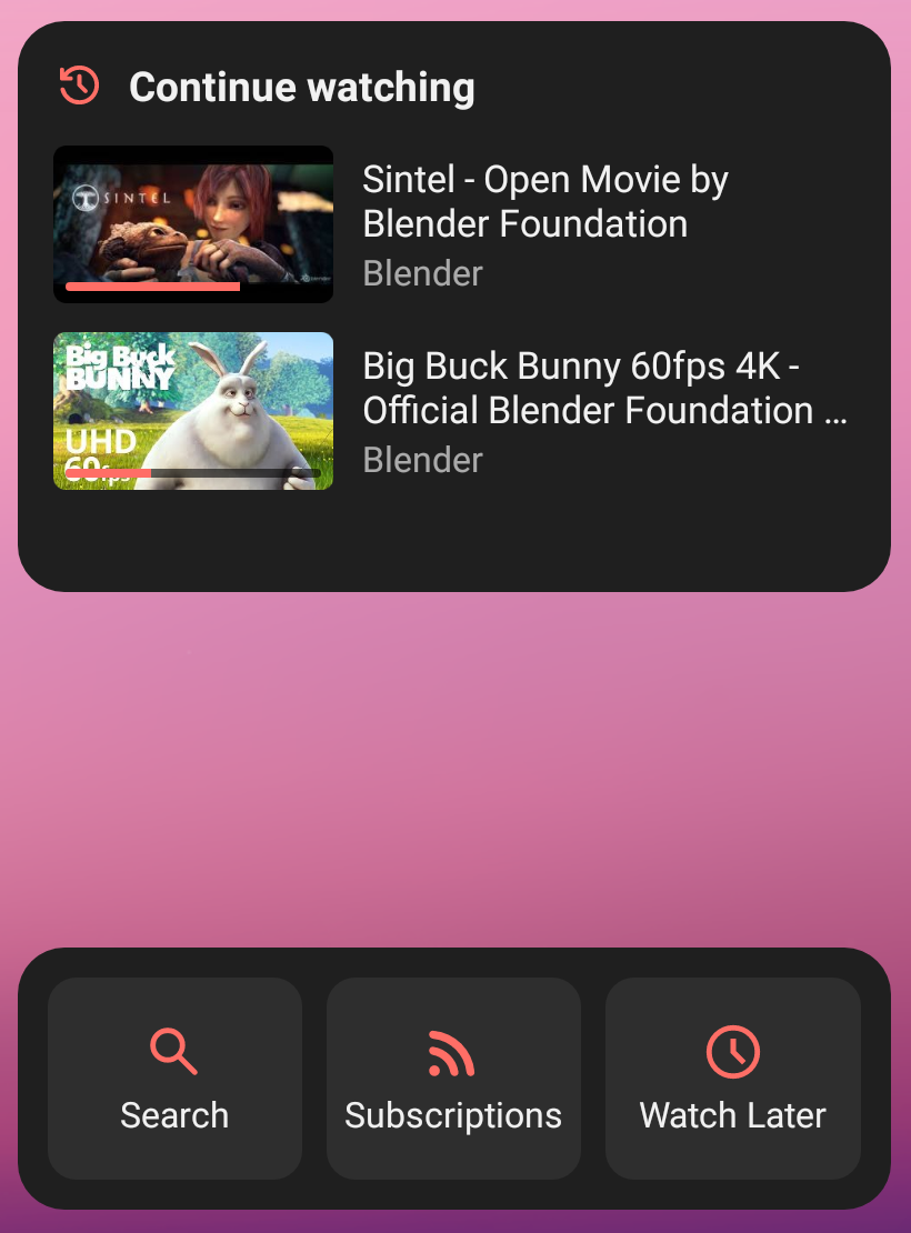 Continue watching and Quick access home screen widgets