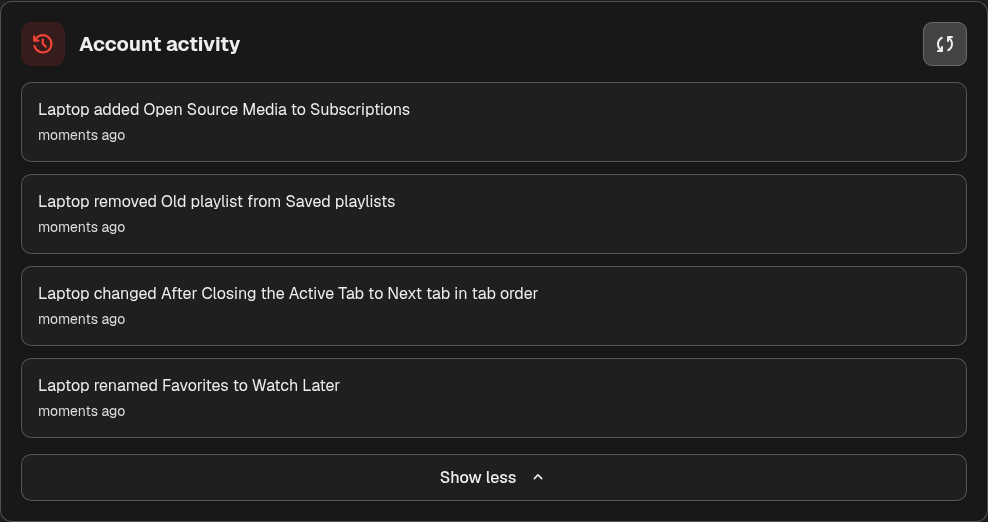 Account activity describing changes made on another device