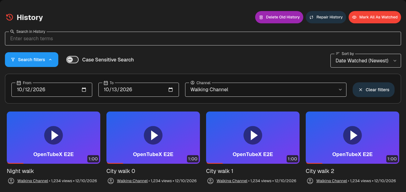 Watch history with date range, channel, and text search filters