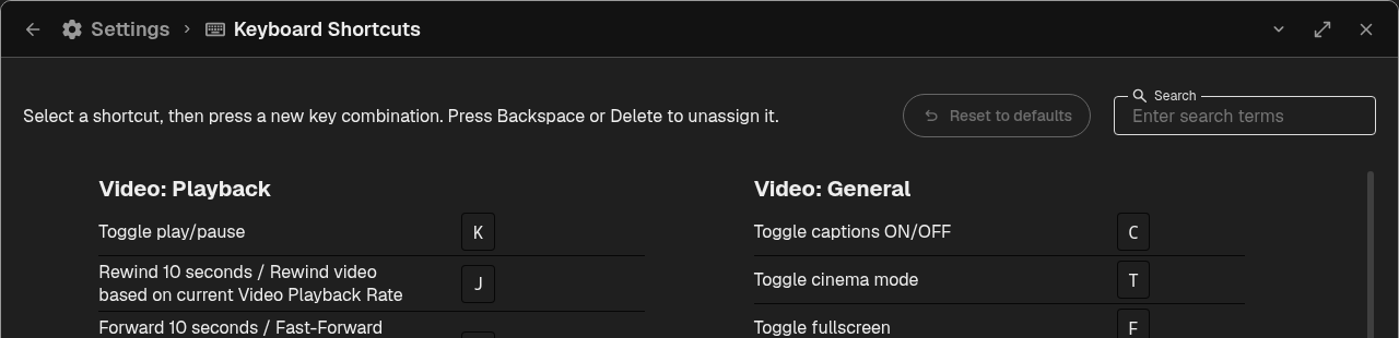 Keyboard shortcuts with a labeled search field beside Reset to defaults
