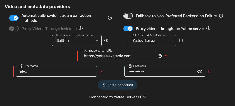 Yattee Server settings with the server URL, credentials, connection test and proxy option