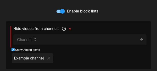 Enable block lists switch above saved channel and phrase lists