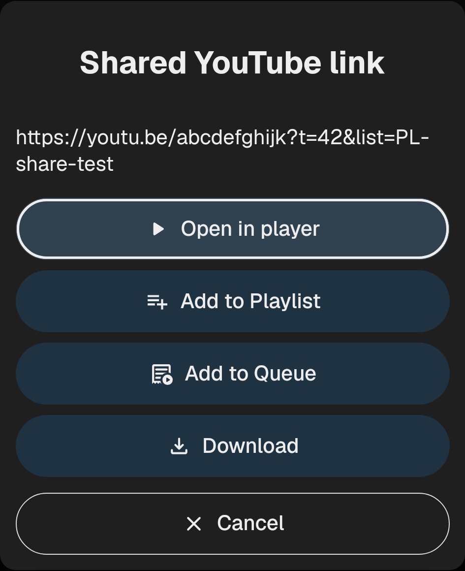 Quick actions for a YouTube link shared to OpenTubeX on Android
