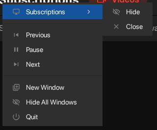 Tray menu icons for window and playback actions