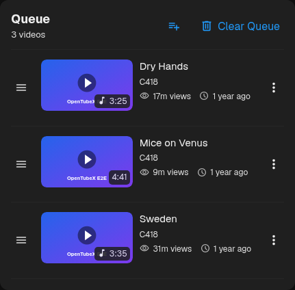 Watch queue with durations, music badges, views, upload dates and item menus