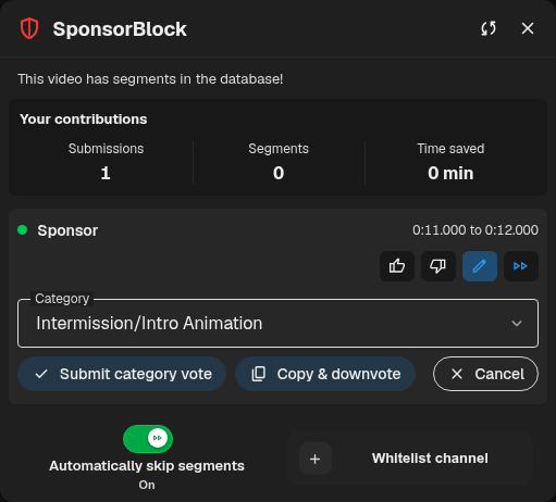SponsorBlock category correction editor
