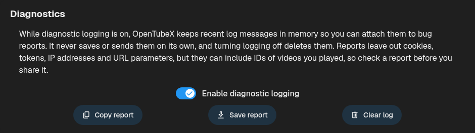 Diagnostics settings with Copy report, Save report and Clear log