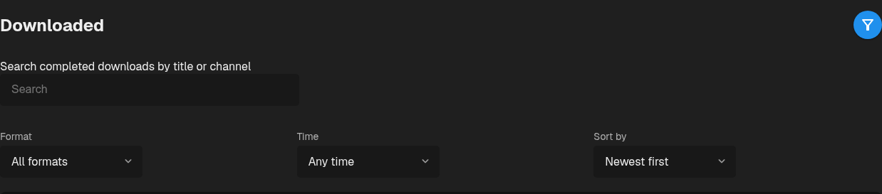 Search and filter controls for completed downloads
