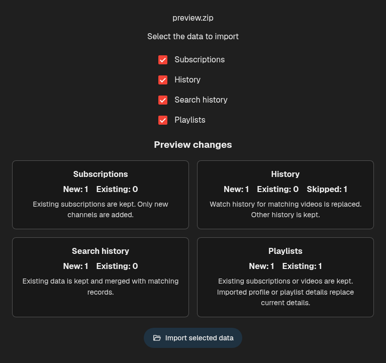Preview record counts and merge or replacement effects before importing selected backup or Takeout data