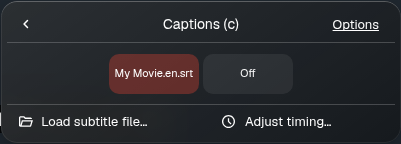 Captions menu with a loaded local subtitle file and the Load subtitle file action