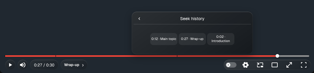 Seek history menu listing earlier playback positions with their chapter names