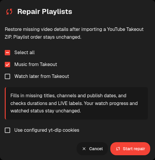 Repair Playlists dialog with individual selection, Select all, and optional configured cookies