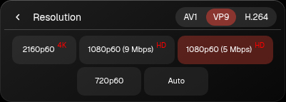 Resolution menu with an AV1, VP9 and H.264 switcher in its header