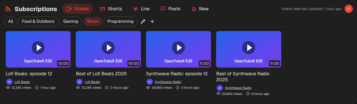 Subscription group chips filtering the Videos feed