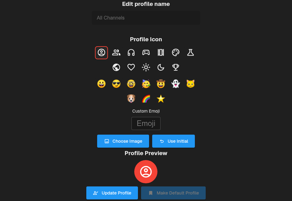 Profile icon choices and the default person icon for All Channels