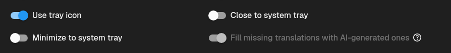 Settings for using the tray icon and sending windows to the tray