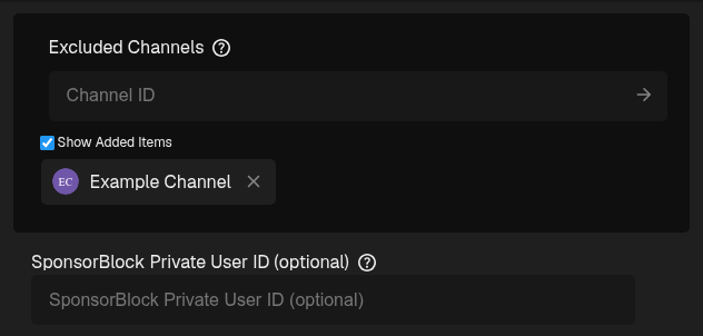 Excluded SponsorBlock channel listed by name and avatar